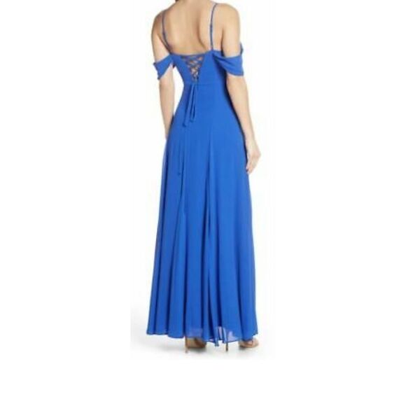 Cold Shoulder Tie Back Crepe Gown NEW Blue - Picture 2 of 4